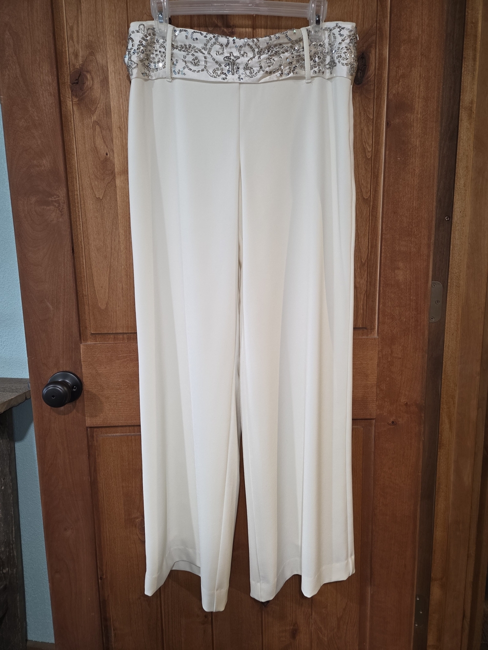 White House Black Market Cream Wide-Leg Pants with Beaded Waist Sash